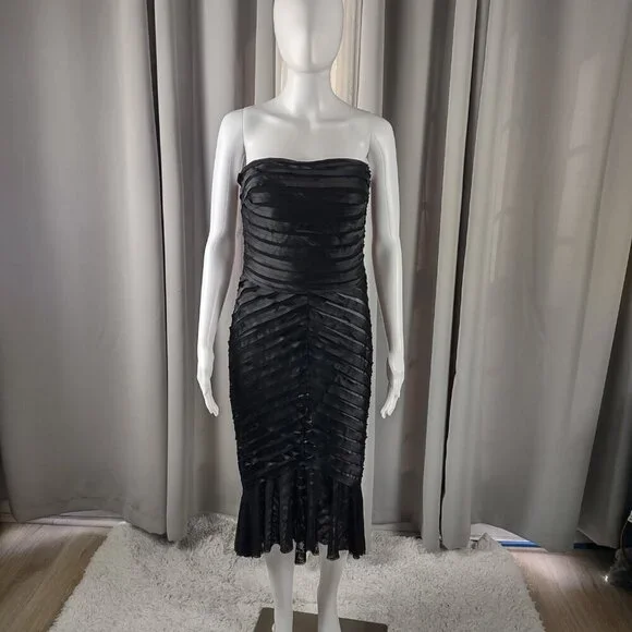 JS Collection Black Strapless Ruched Bodycon Midi Dress – Size Small (EST) - Picture 2 of 12